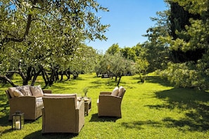A grassy outdoor area with wicker furniture and trees. - Marisa Olive Grove - App Luna, Labin, Croatia (Labin)