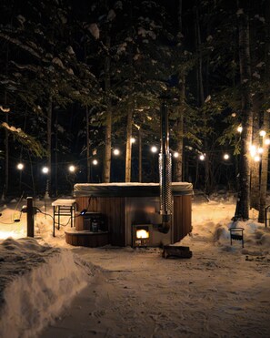 A wooden cabin with a fireplace, surrounded by snow and trees.