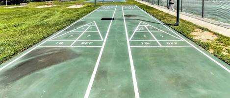 Un terrain de jeu de shuffleboard avec des marquages verts et des lignes blanches, entouré d’une clôture et d’arbres.