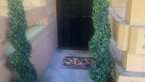 Una porta nera con il numero '203' sopra, affiancata da due piante in vaso e un tappetino con della frutta davanti.