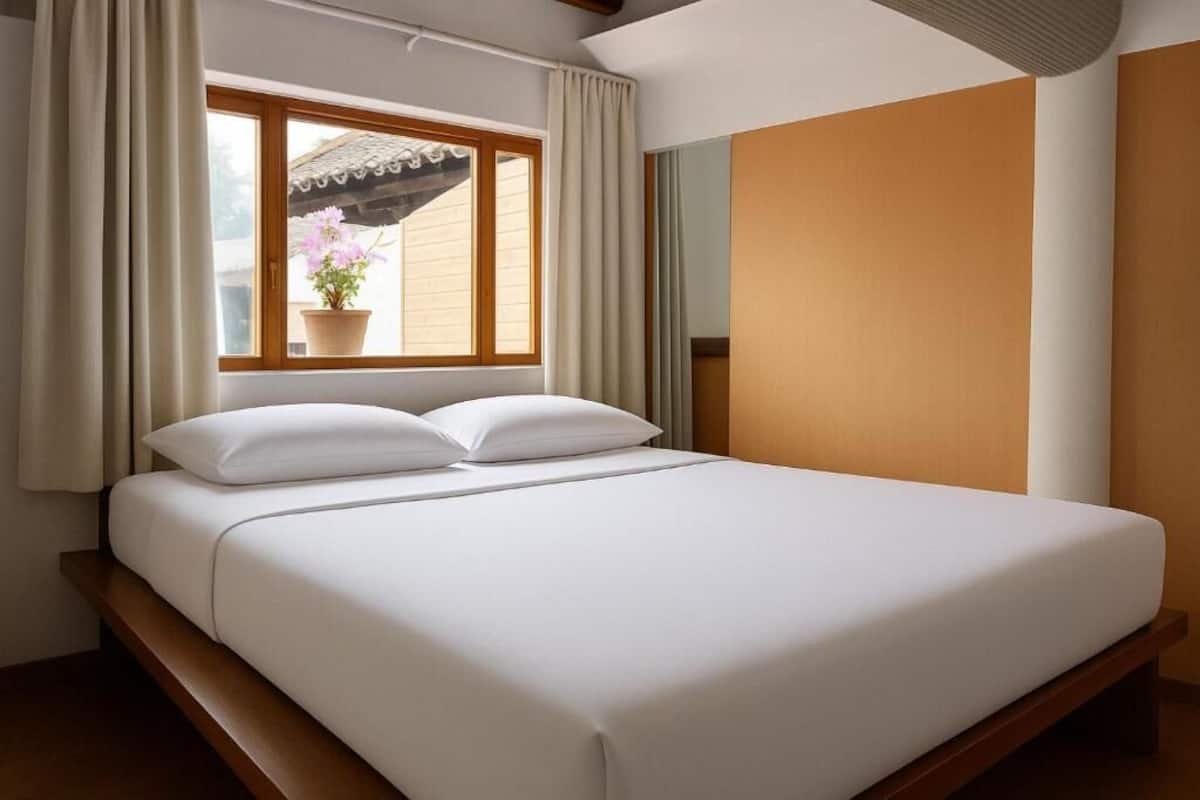 A single bed with white bedding, a window with curtains, a potted plant, and a wooden headboard.