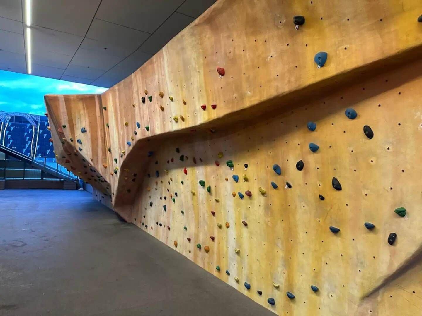 Eine Kletterwand mit verschiedenen Griffen und einer gebogenen Form.
