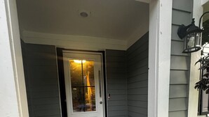 Puerta principal con un panel de vidrio, felpudo, dos macetas con plantas y una pequeña mesa de madera.