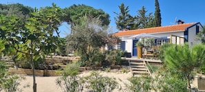 Ein Haus mit rotem Ziegeldach, blauer Tür und weißer Außenwand.