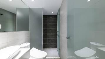 A modern bathroom with a glass shower enclosure, a separate toilet, and a vanity with a mirror.