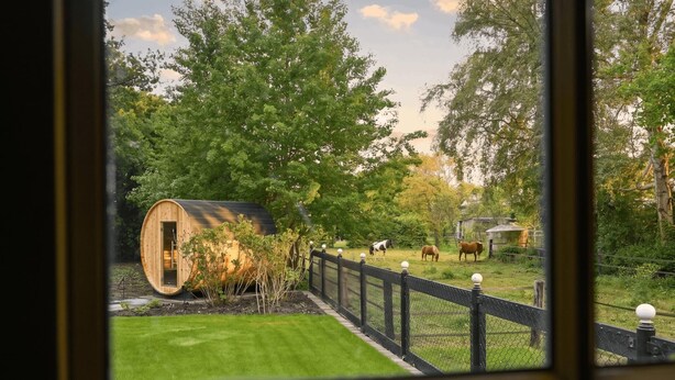 A view through a window of a wooden structure in a grassy area with horses. - Luxury farmhouse with sauna in Twente (Vriezenveen)