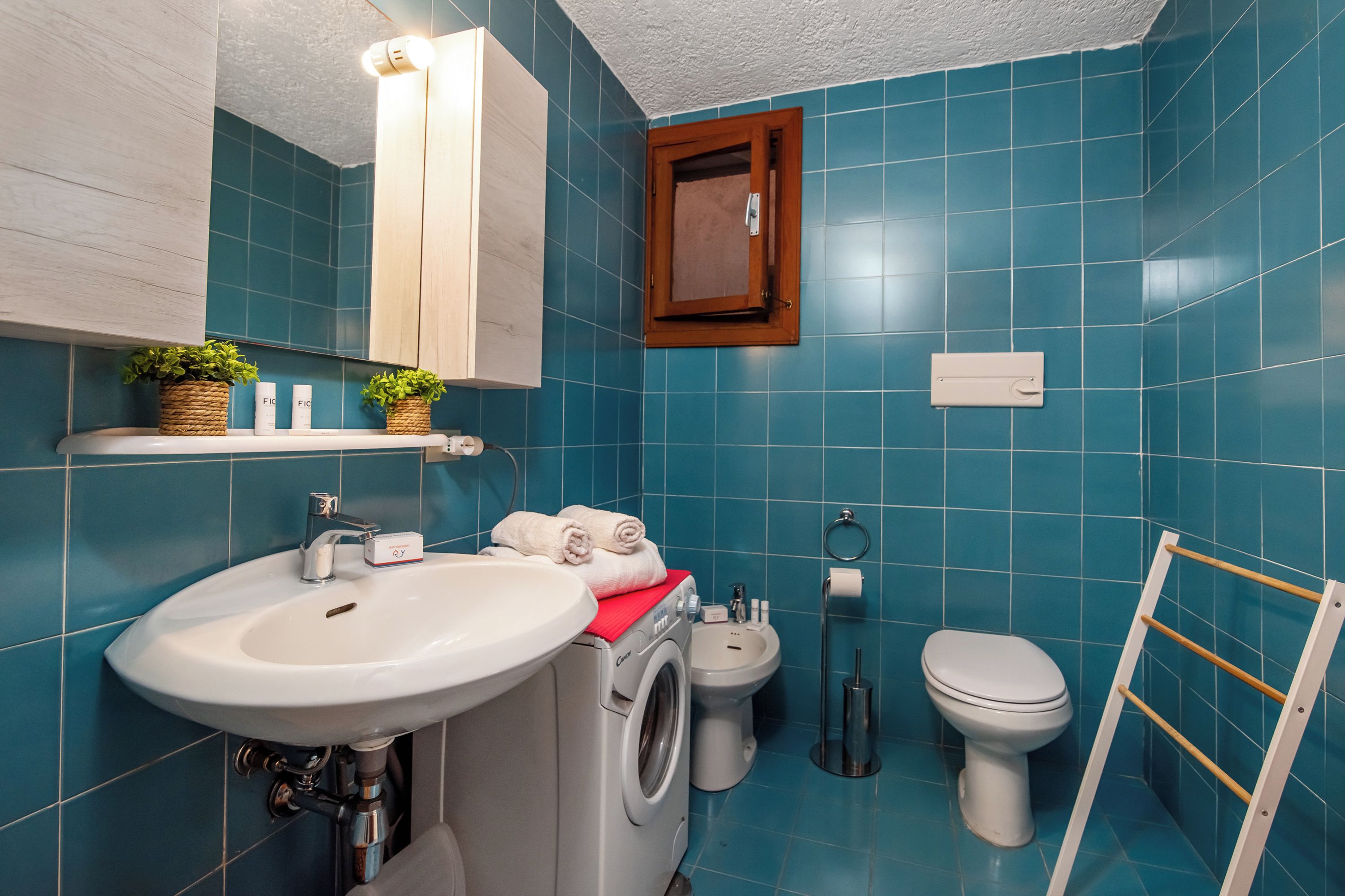 Une salle de bain équipée d’un lavabo, d’un miroir, d’un porte-serviettes, de toilettes et d’un lave-linge.