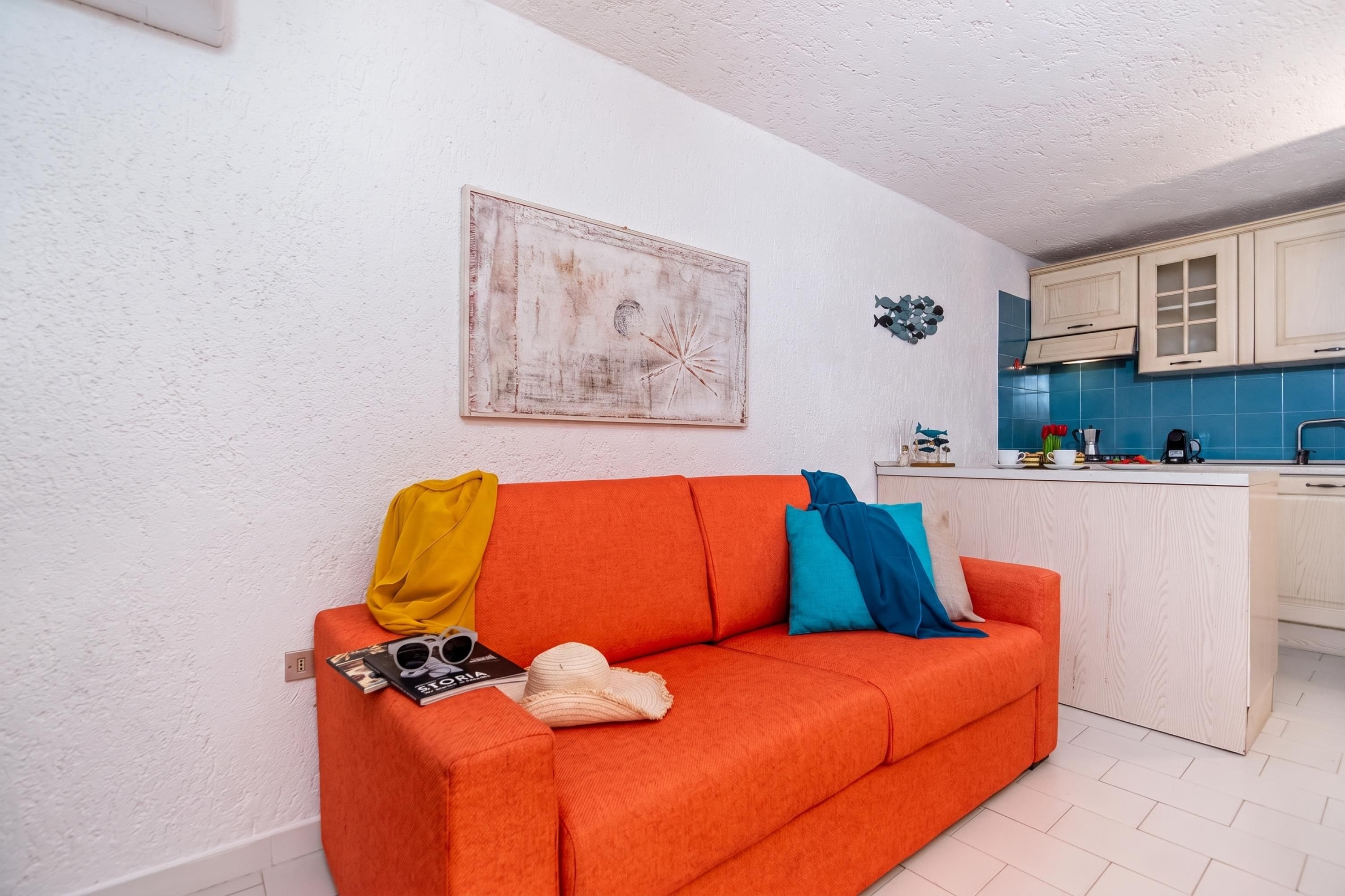 A compact living space with a kitchenette, a sofa with cushions, a wall-mounted picture, and a small decorative item.