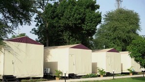Una hilera de cabañas modulares con techo plano y una puerta lateral, rodeadas de césped y árboles.