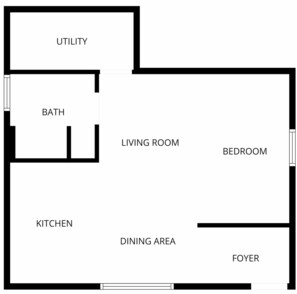 Plano de planta que muestra una sala de servicio, baño, sala de estar, dormitorio, cocina, comedor y vestíbulo.