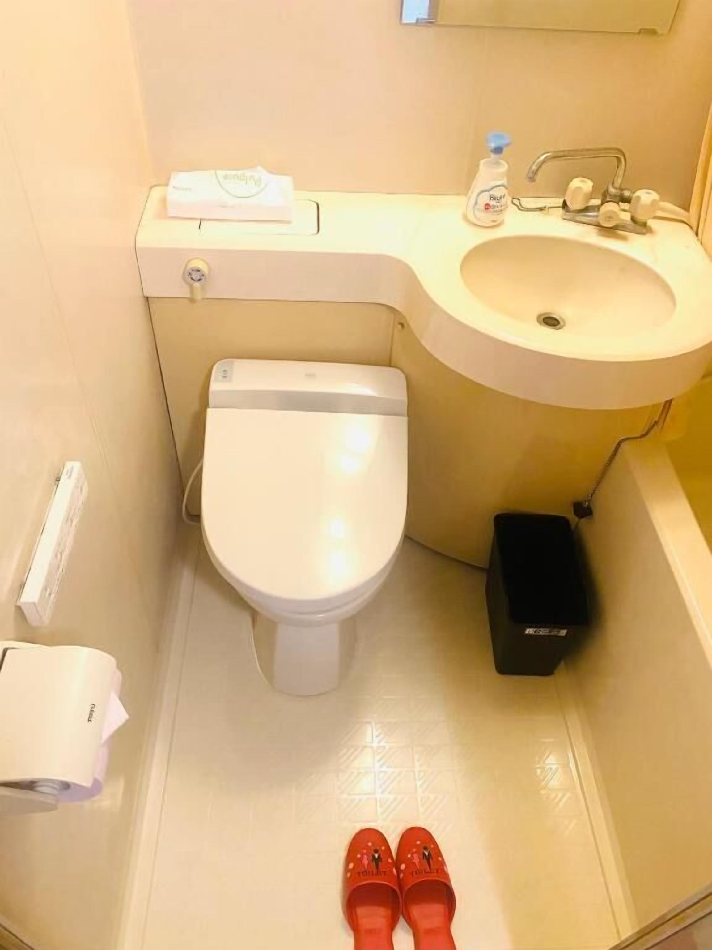 Ein Badezimmer mit Toilette, Waschbecken und Mülleimer.