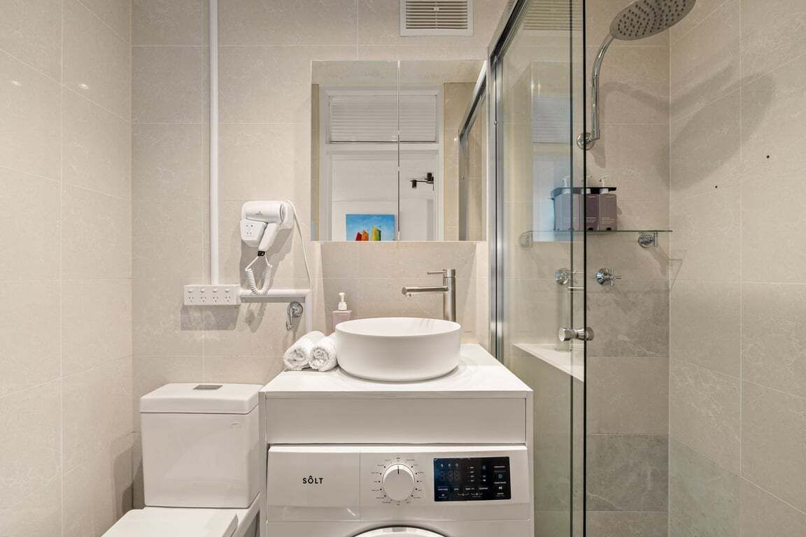 Hair dryer, towels, soap, shampoo