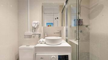 Hair dryer, towels, soap, shampoo