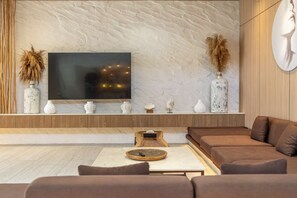 Luxury Villa, 4 Bedrooms, Private Pool | Living area | 50-inch Smart TV with digital channels, fireplace - LegKo Villa (Pecatu)