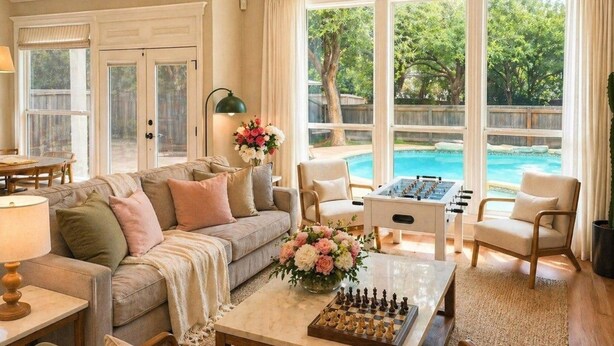 A cozy living room with a sofa, coffee table, and a foosball table, overlooking a swimming pool. - Pool, Hot Tub, Huge Outdoor Theater, Mini Golf, Bowling, BBQ, Fire Pit,Sleeps 19 (Pflugerville)