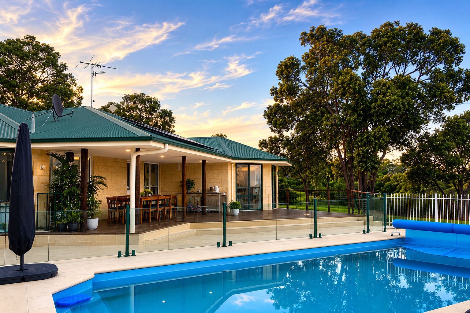 A house with a pool, outdoor seating, and a covered patio.