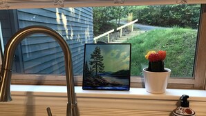 A window with a metal faucet, a framed landscape painting, and a potted cactus. - •LAST MINUTE DISCOUNTS• 6BR Epic Views + BBQ + Fully Stocked Kitchen• (Boone)