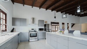 A modern kitchen with stainless steel appliances, grey cabinetry, and a large island. - 2 min Walk to Beach - Mangel Halto (Savaneta)