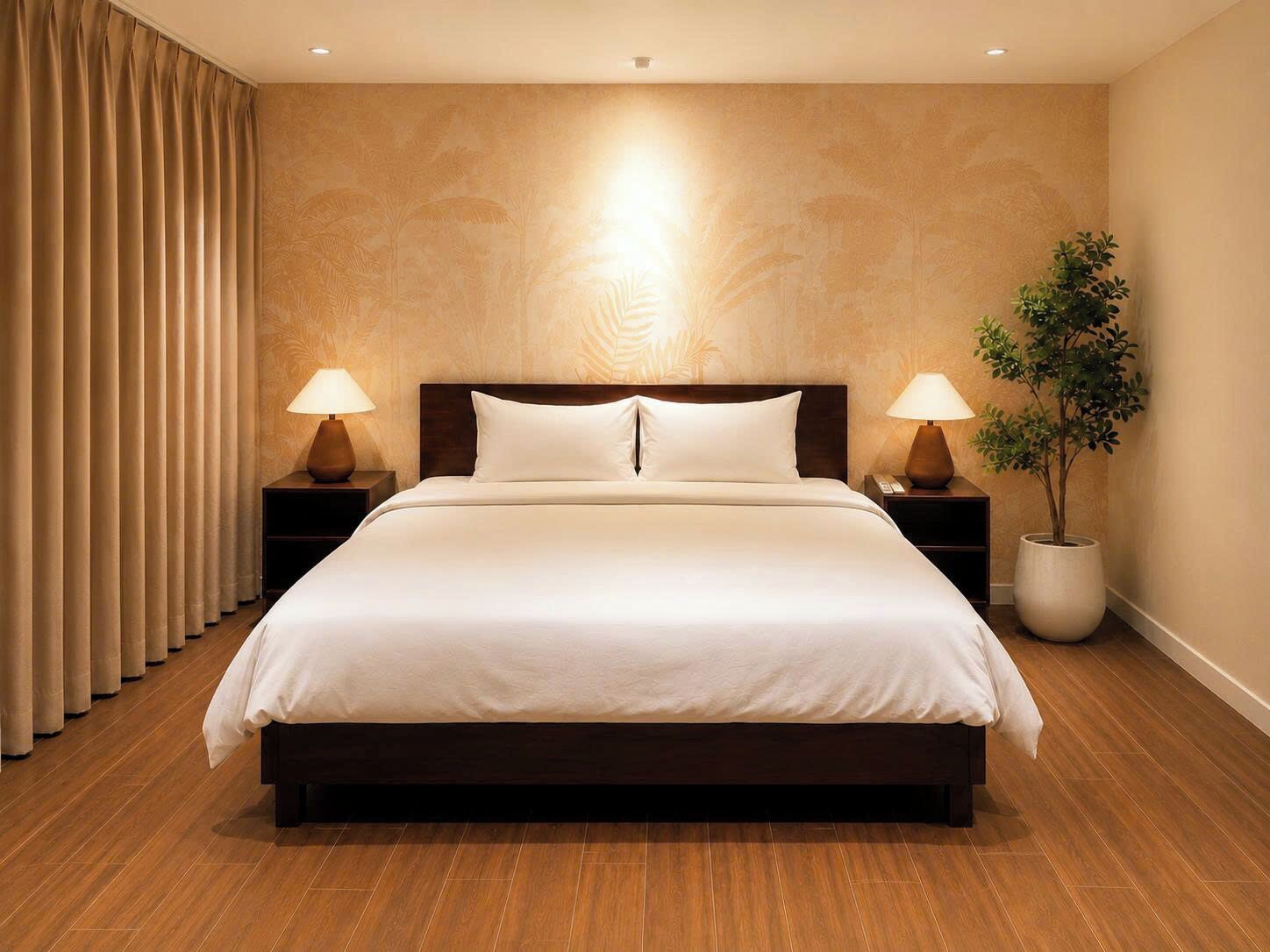 A large bed with a wooden headboard, two bedside tables with lamps, a potted plant, and a curtain.