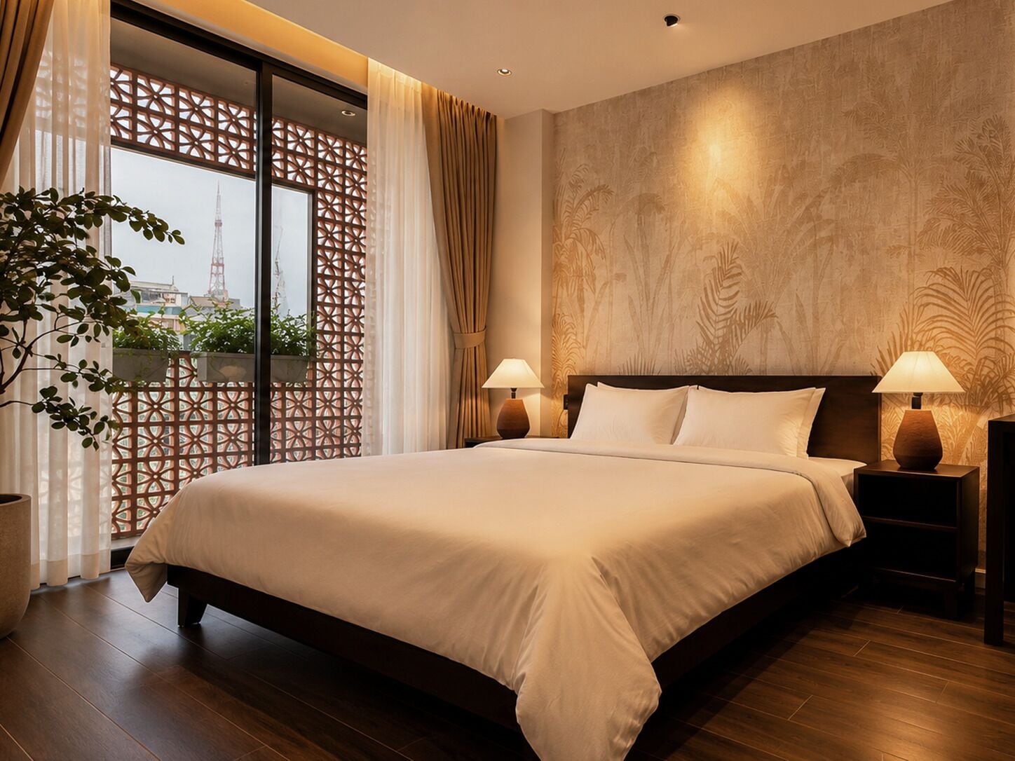 A modern hotel room with a large bed, two bedside lamps, a view through a wooden lattice window, and a cityscape visible outside.