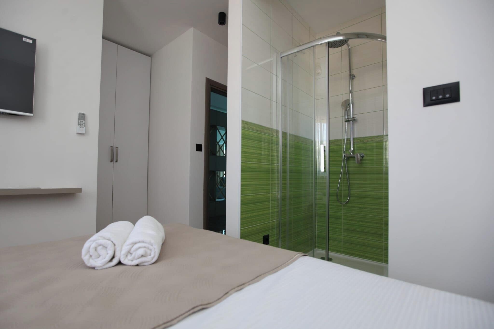 A hotel room with a bed, a shower, a TV, and a wardrobe.