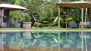Kolam renang outdoor, dengan payung kolam renang dan kursi berjemur