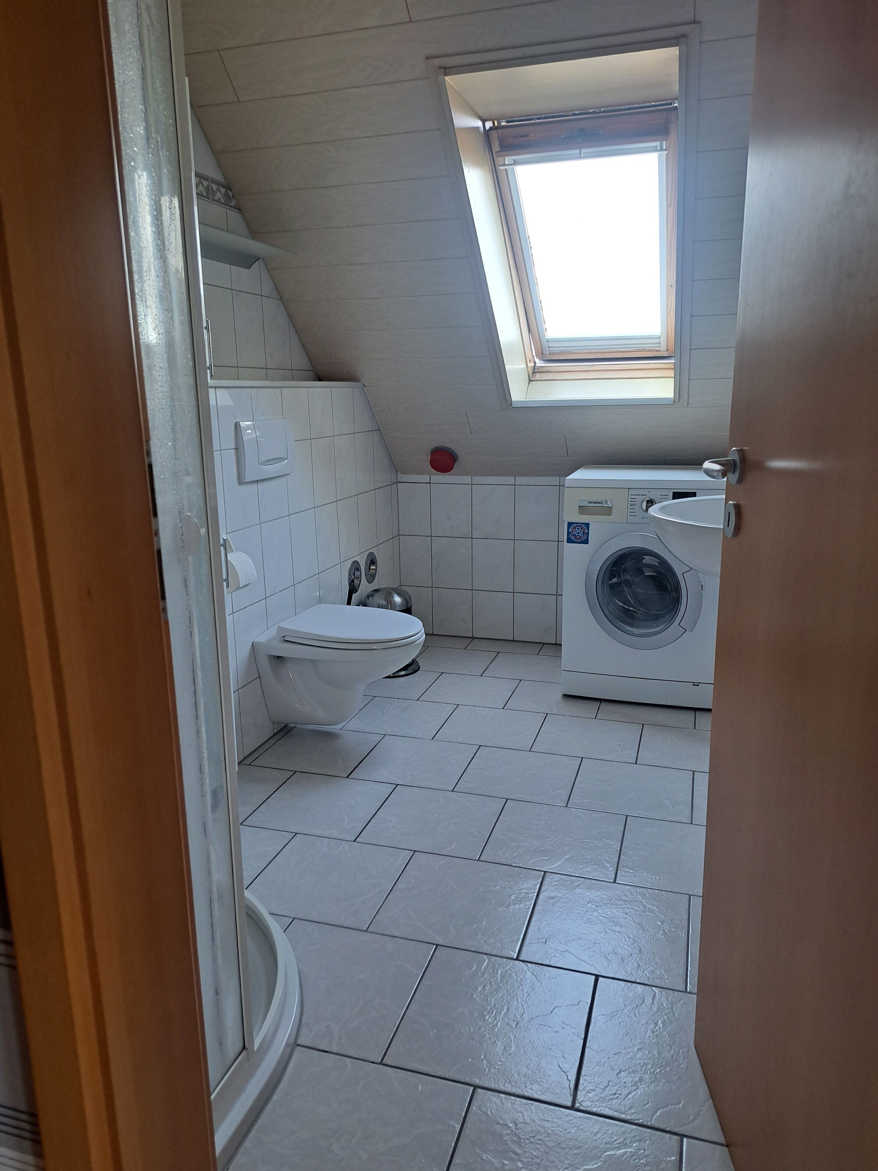 A small, tiled bathroom with a toilet, a washing machine, and a skylight.