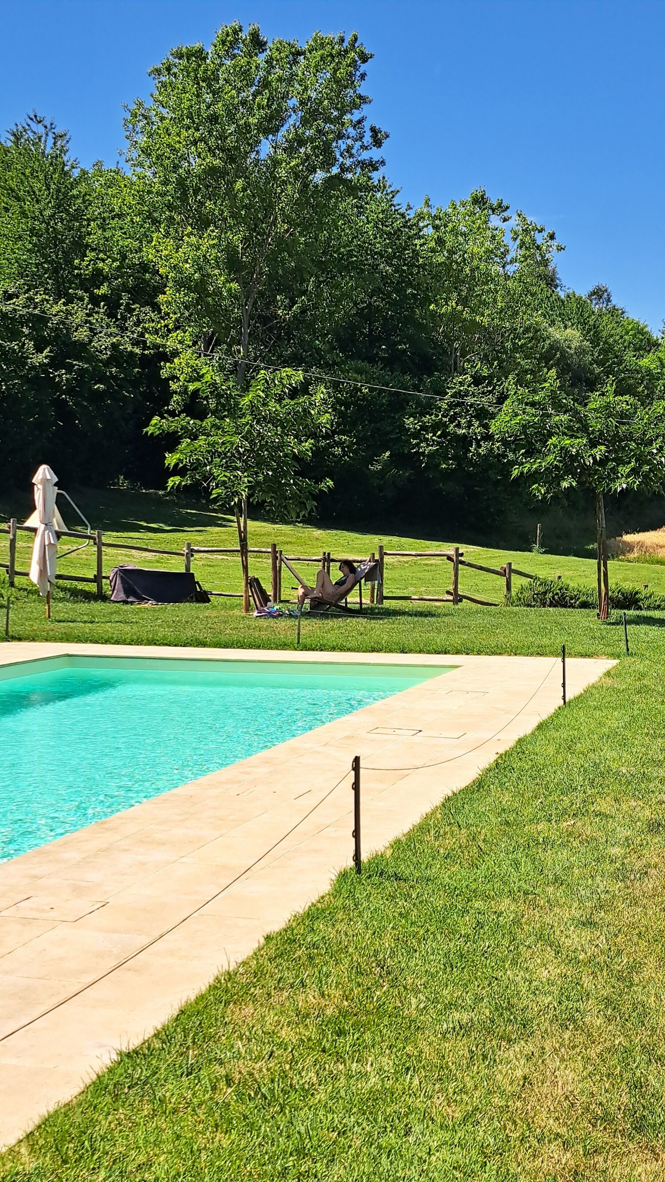A swimming pool with a wooden deck, surrounded by a grassy area and trees.