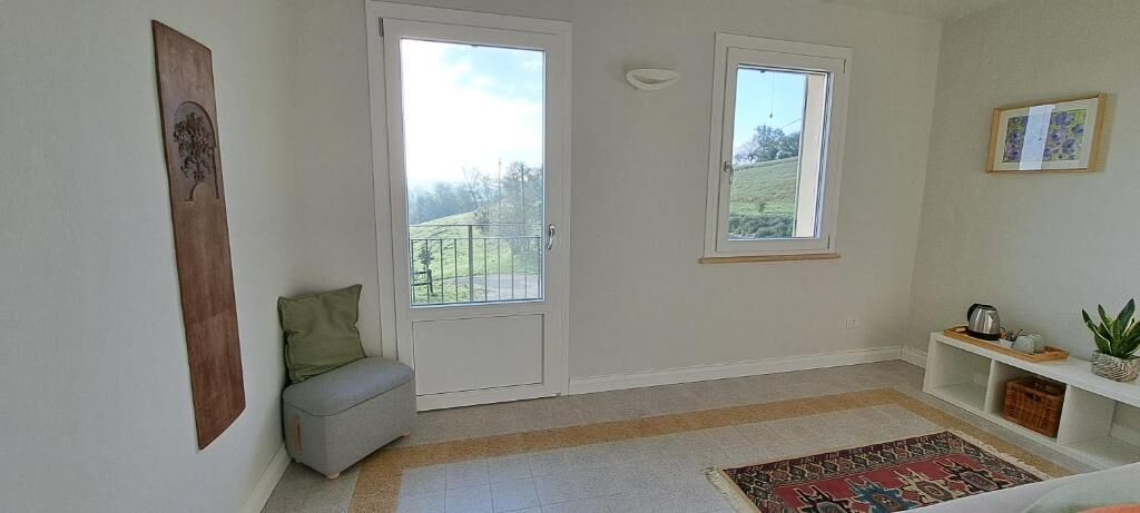 Una habitación con dos puertas, un banco, una mesita con una planta y una alfombra.