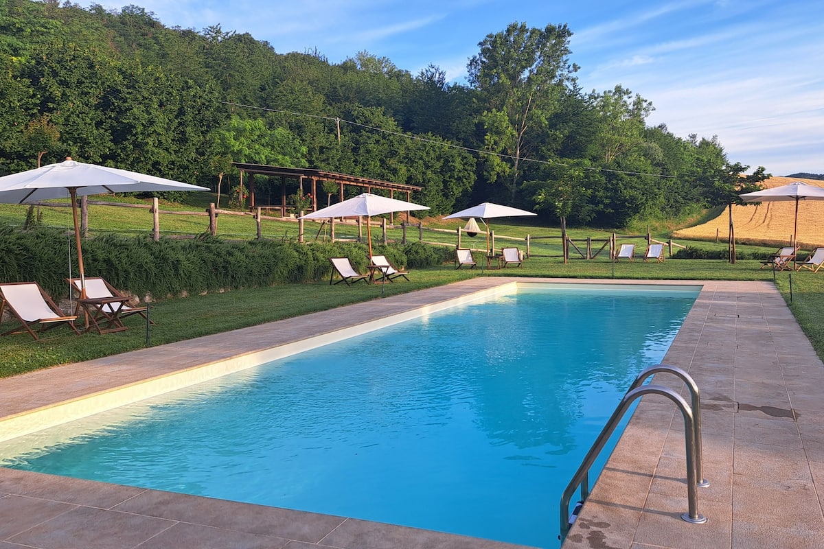 A rectangular swimming pool with a tiled deck, surrounded by lounge chairs and umbrellas, set against a backdrop of lush greenery and hills.