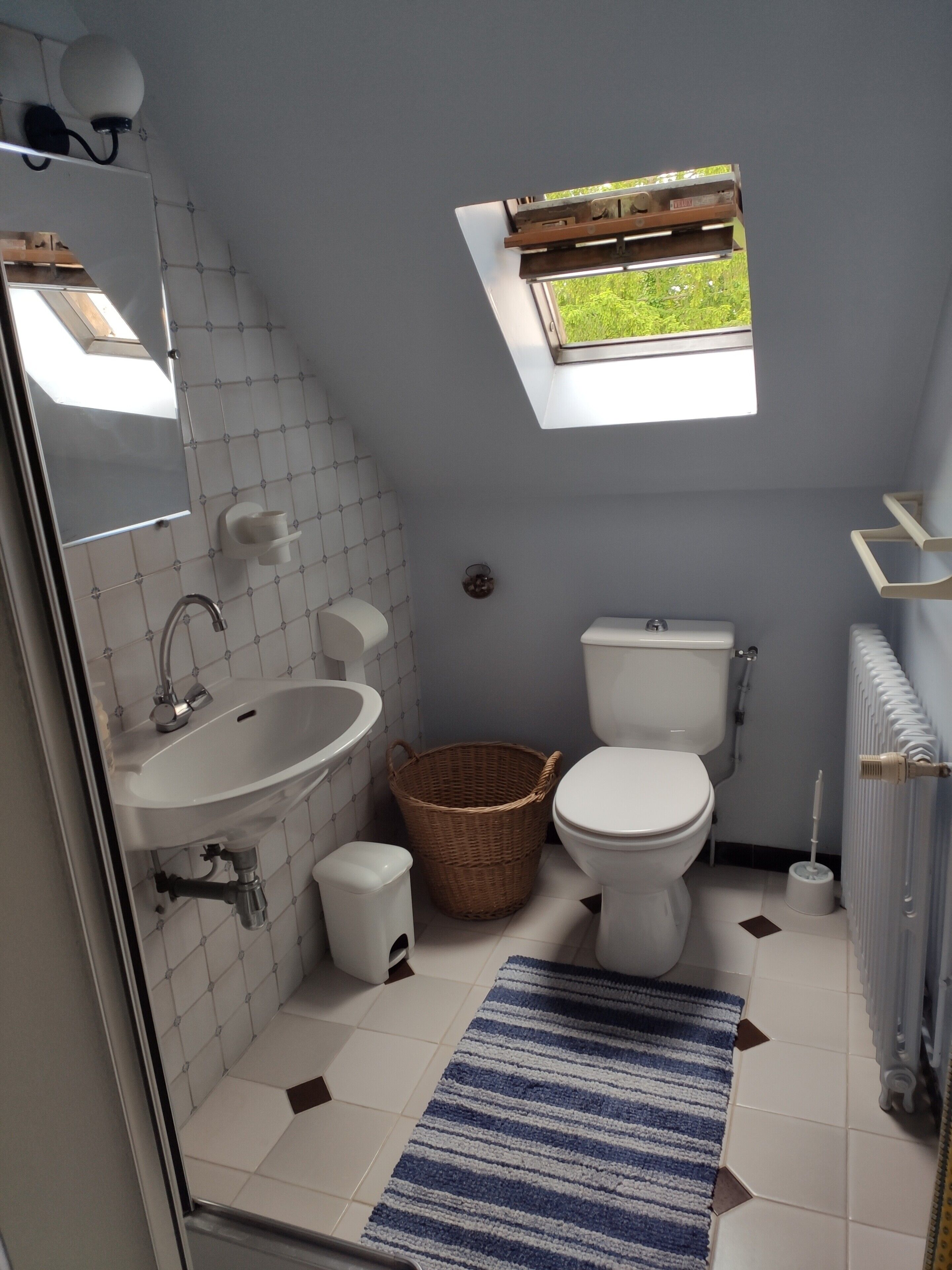Une salle de bain avec un puits de lumière, des carreaux blancs, un lavabo, des toilettes, un radiateur et un tapis à rayures.