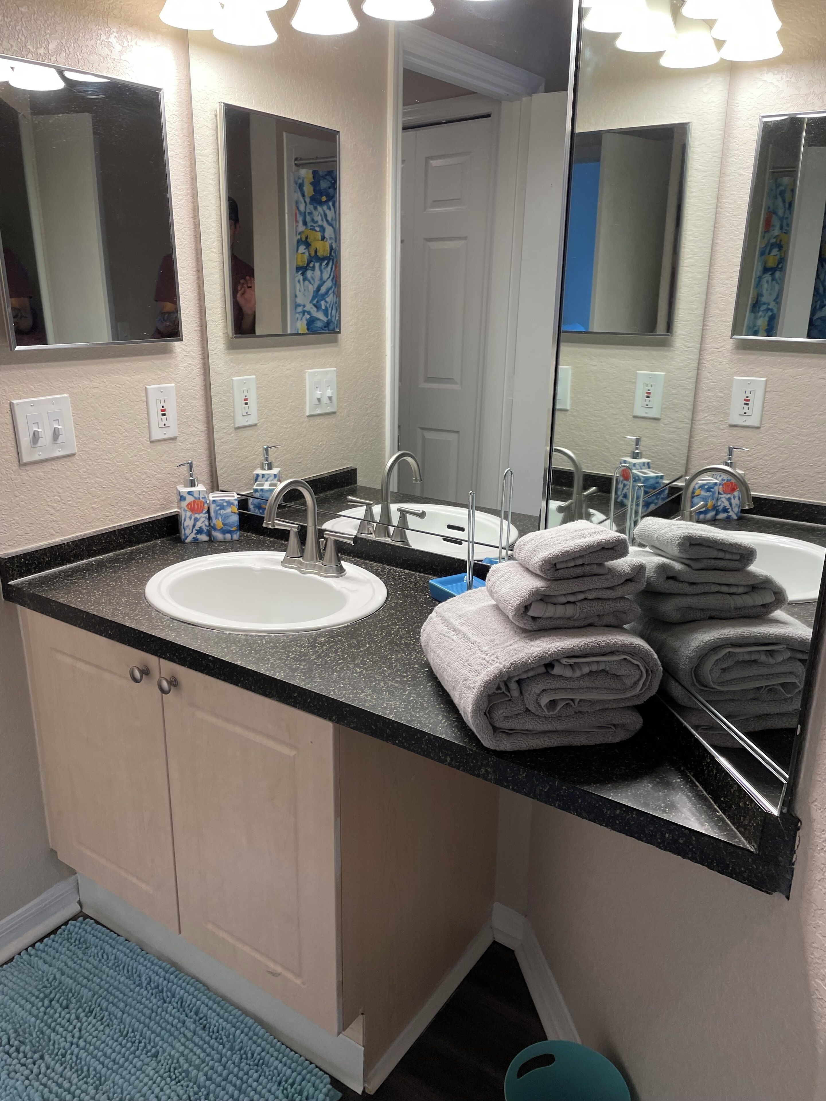 Hair dryer, towels, soap, toilet paper