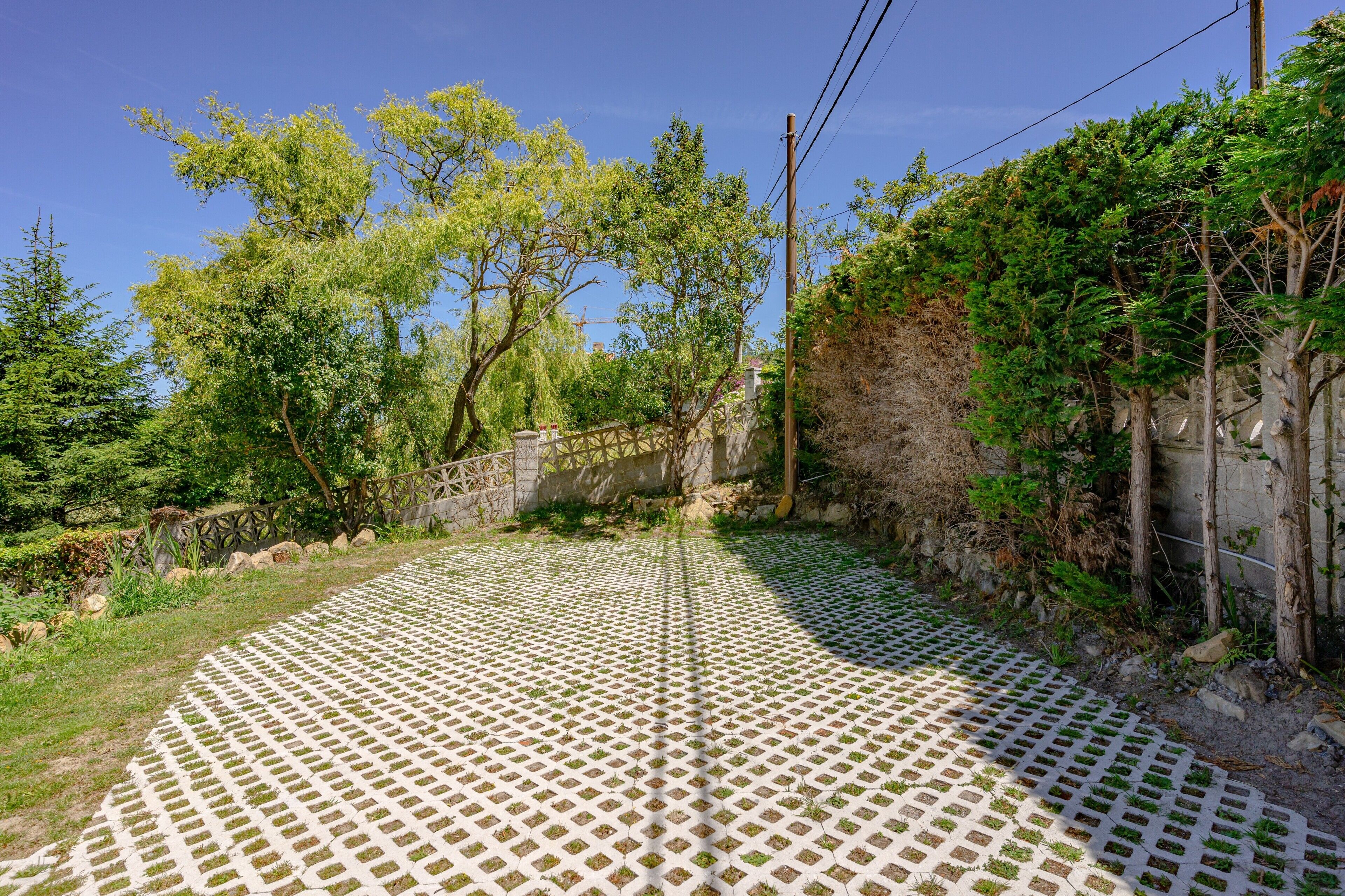 Un sendero pavimentado con un diseño geométrico, rodeado de follaje y un muro de piedra.