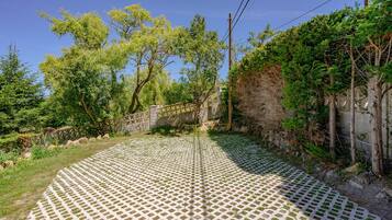 Un sendero pavimentado con un diseño geométrico, rodeado de follaje y un muro de piedra.