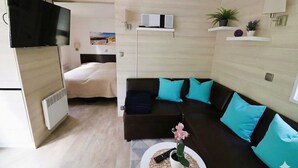 Ett kompakt bostadsutrymme med en säng, en soffa, en tv och ett litet bord med en växt.