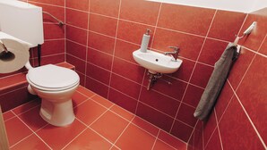 Uma casa de banho com sanita, lavatório e porta-toalhas.