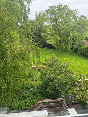 Ein üppiger Garten mit verschiedenen Pflanzen und Bäumen, eine Holzterrasse und freie Sicht auf die umliegende Grünfläche.