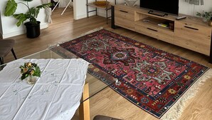 Ein Wohnzimmer mit Fernseher, einer Holz-Unterhaltungsecke, einem gemusterten Teppich, einem Esstisch mit weißem Tischläufer und einer Topfpflanze.