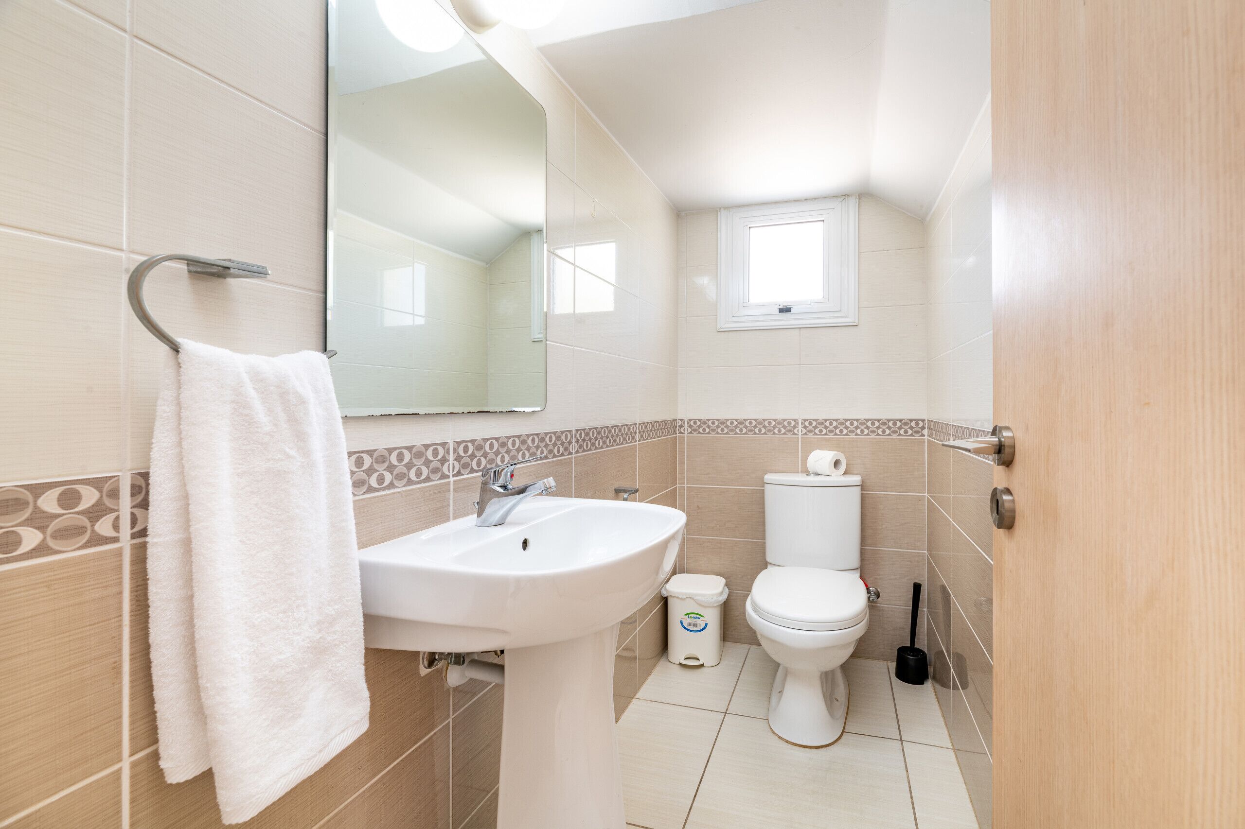 A bathroom with a sink, toilet, and a towel hanging on the wall.