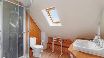 Een kleine, moderne badkamer met dakraam, douche en wastafel.