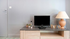 Una stanza con una TV su una scrivania in legno, una lampada e piccoli vasi di piante.