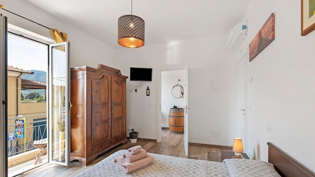 A bedroom with a bed, a wooden wardrobe, a television, a wall-mounted heater, and a door leading to a balcony. - Room 'Leone' with Mountain View, Wi-Fi and Air Conditioning (Bastia)