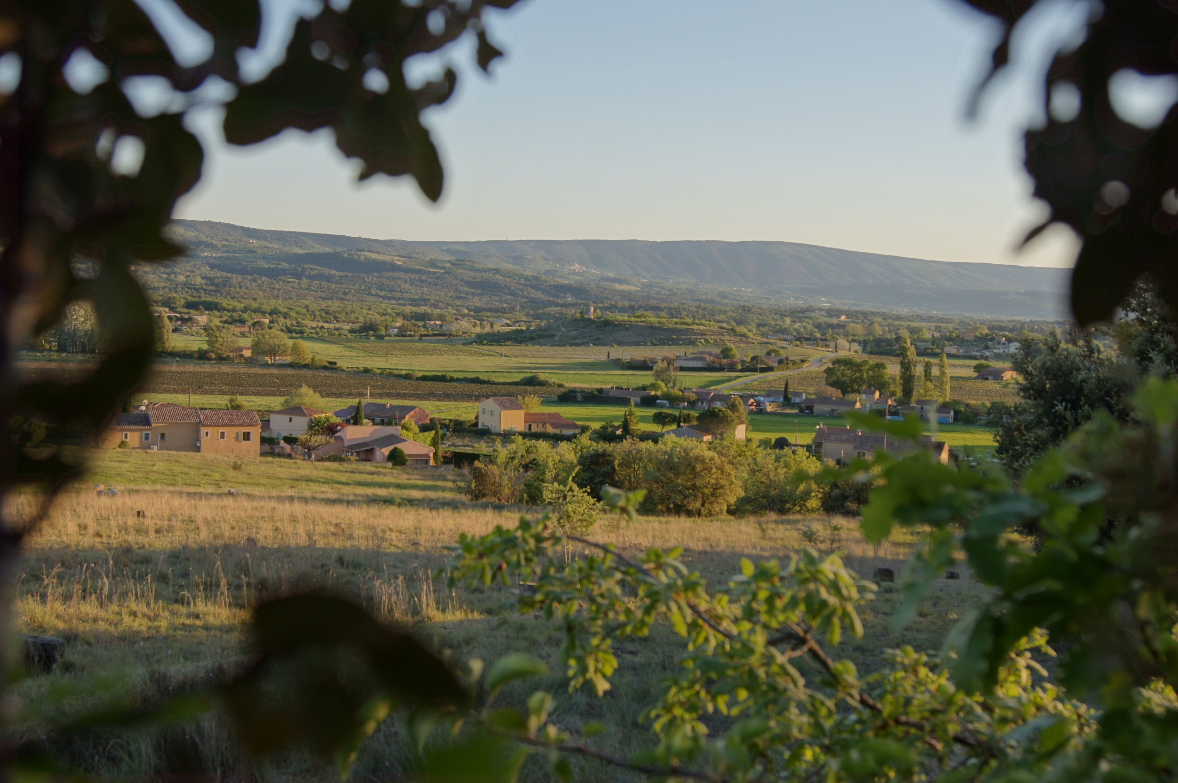 Un paysage rural avec des maisons, des champs et des collines en arrière-plan.