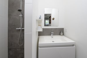 Shower, hair dryer, towels