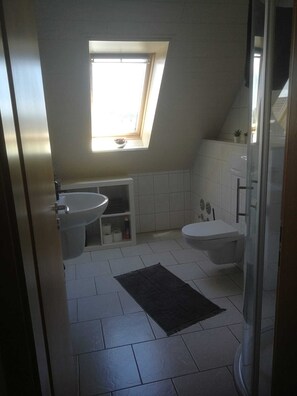 Dusche, HandtĂŒcher, Seife, Toilettenpapier