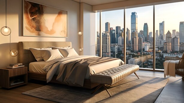 Een moderne slaapkamer met een groot bed, nachtkastjes, een bankje en uitzicht over de stad.