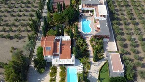 Ein Luftbild zeigt ein Anwesen mit Swimmingpool, überdachter Terrasse und angelegtem Garten.