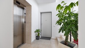 A hallway with an elevator, a door, and a potted plant.