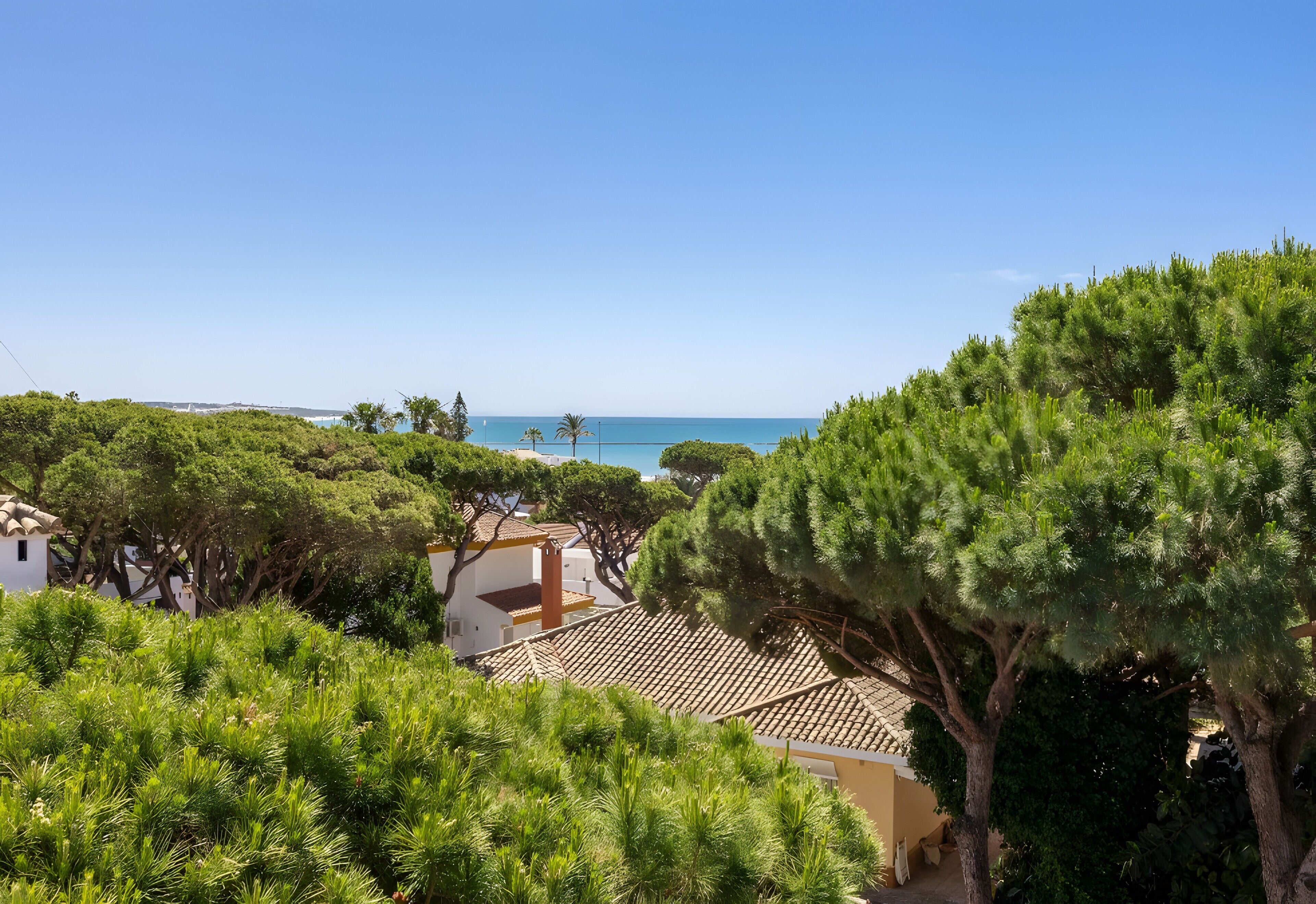 A coastal property with a view of the sea, surrounded by lush greenery and traditional architecture.