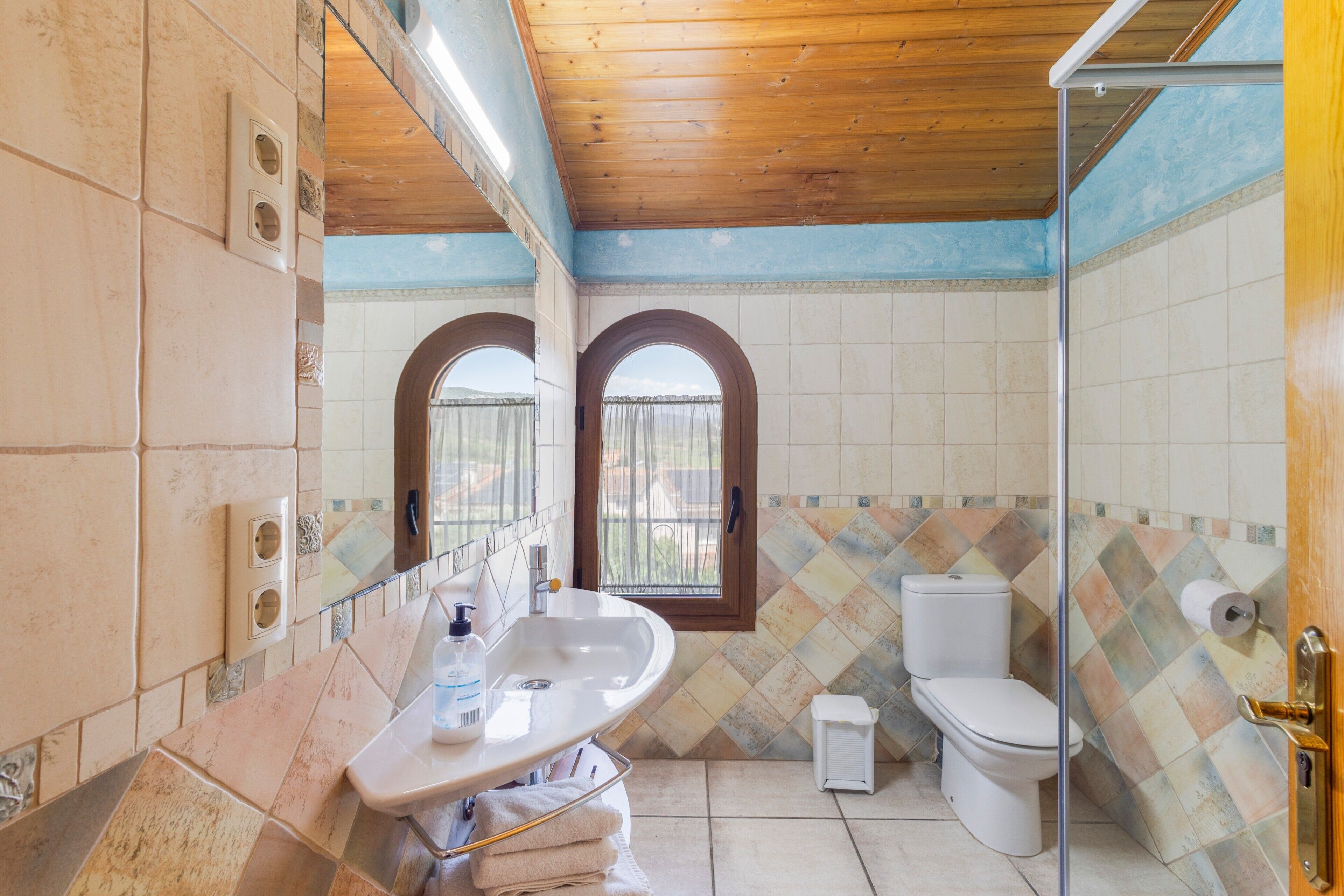 A bathroom with a sink, mirror, arched windows, toilet, and shower.